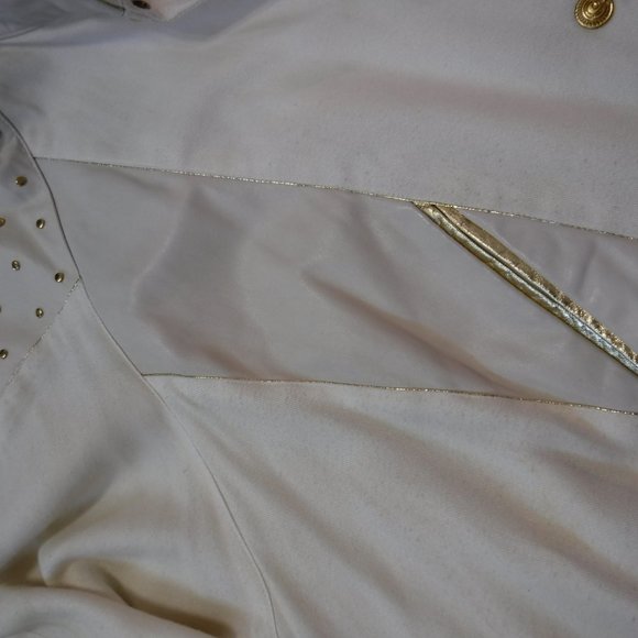 White Soft Bomber Jacket w Leather and Gold Accent - Picture 3 of 5